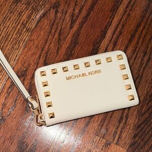 Michael Kors Cream Wristlet/Wallet with Gold Studs